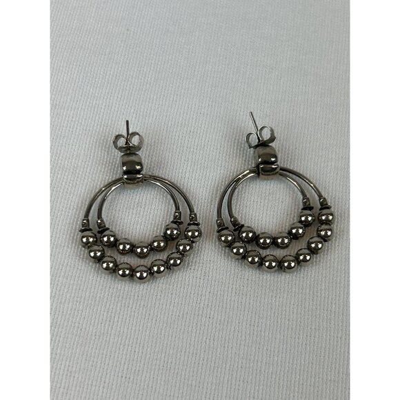 Vintage Silver Tone Double Hoop Ball Bead Earrings Post Pierced - Picture 4 of 6